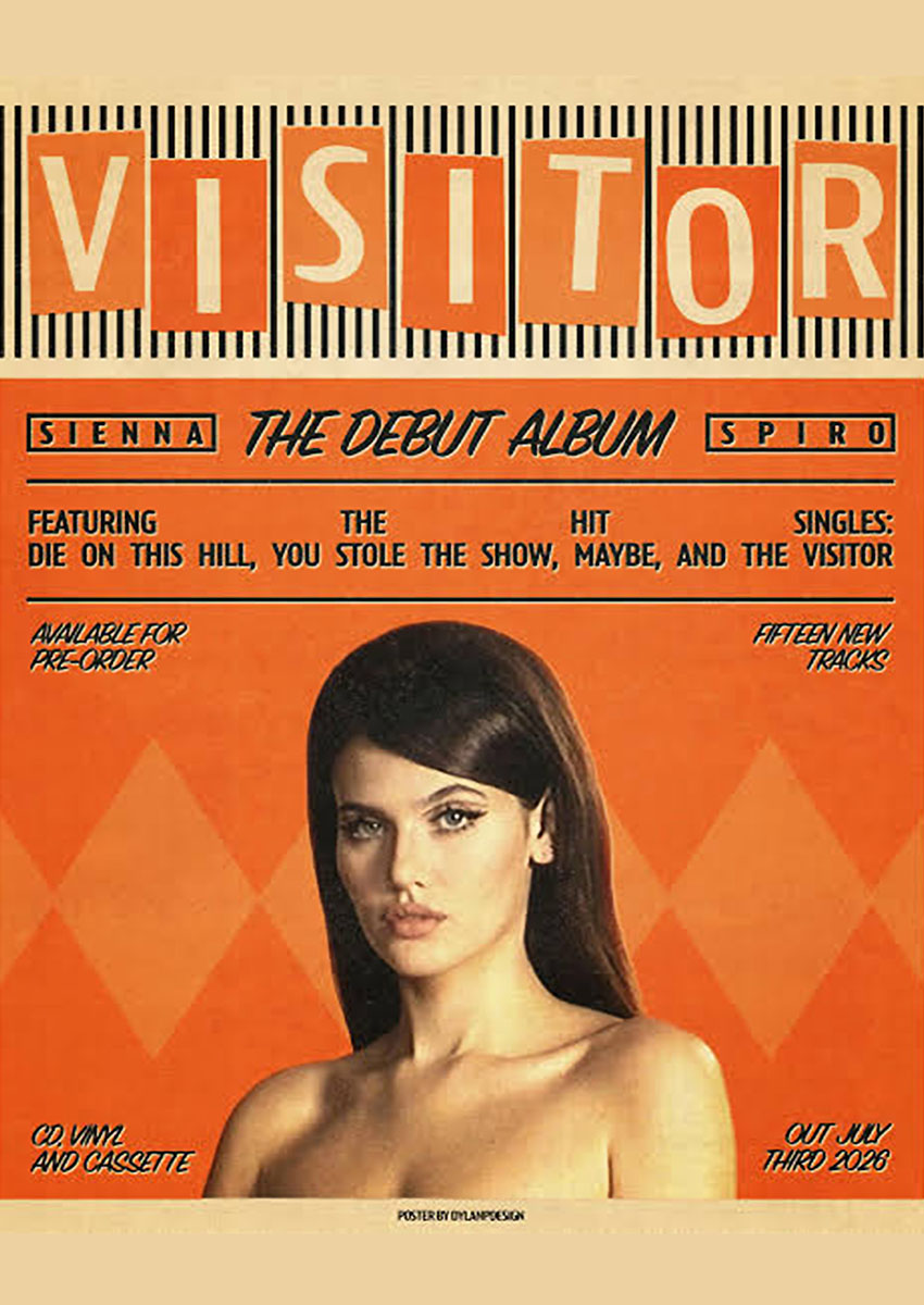 A vintage style music album cover titled Visitor featuring a portrait of a woman against a retro orange patterned background